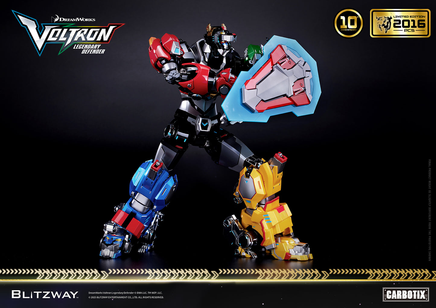 Voltron: Legendary Defender 10th Anniversary Special Limited Edition 1/6 scale Action Figure by Blitzway Carbotix – limited to 2,016 pcs worldwide, featuring die-cast parts, iconic shield accessory, and defensive battle pose.