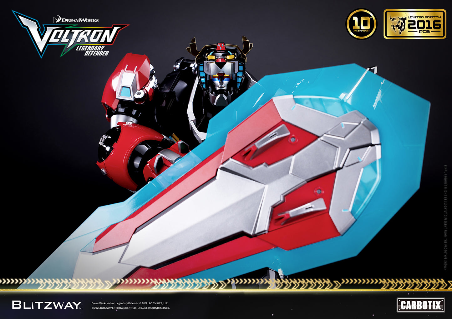 Voltron: Legendary Defender 10th Anniversary Special Limited Edition 1/6 scale Action Figure by Blitzway Carbotix – limited to 2,016 pcs worldwide, close-up view highlighting the iconic lion shield accessory with die-cast detailing.