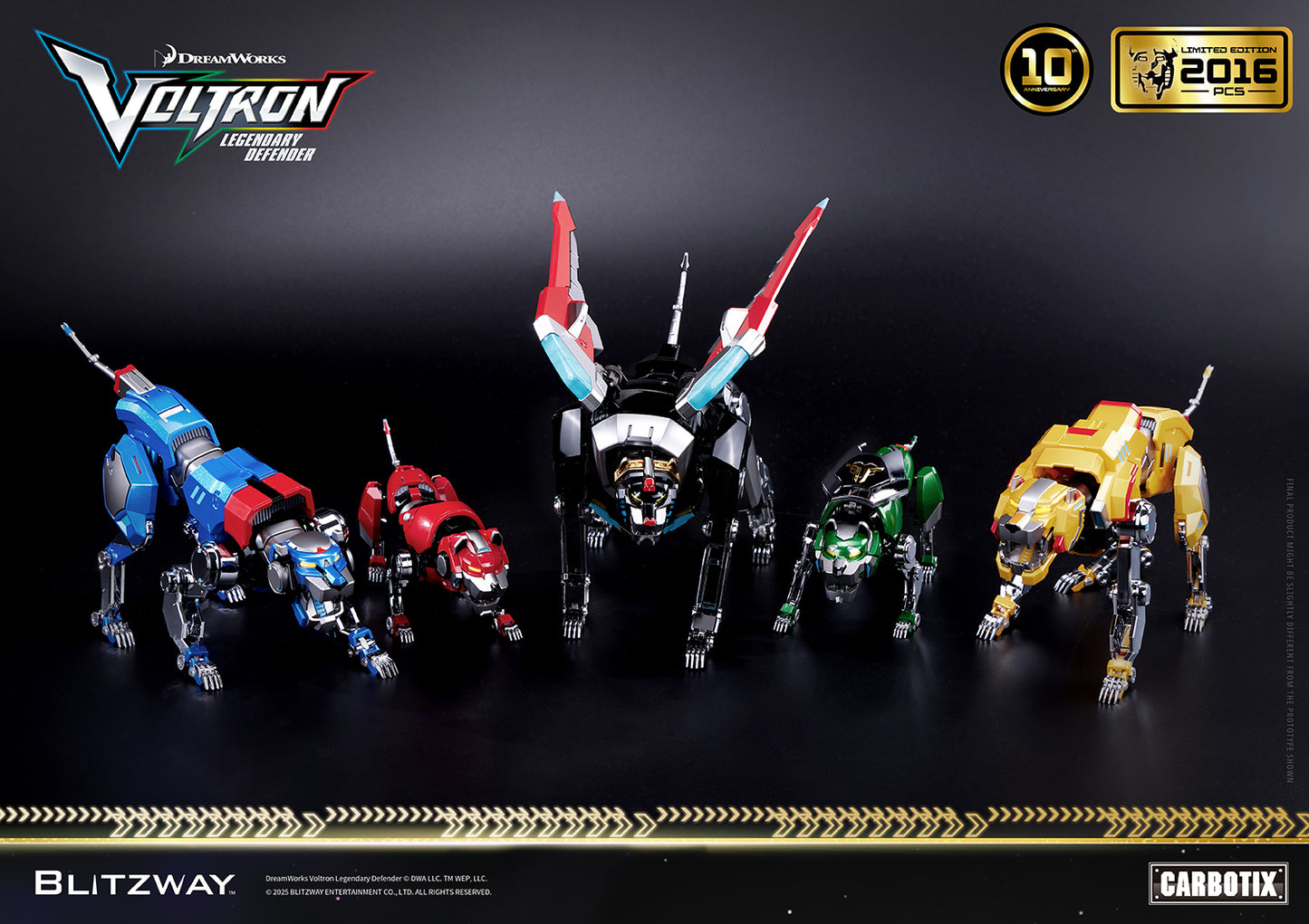 Voltron: Legendary Defender 10th Anniversary Special Limited Edition 1/6 scale Action Figure by Blitzway Carbotix – limited to 2,016 pcs worldwide, featuring Black, Red, Green, Blue, and Yellow Lions in individual lion modes with die-cast construction.