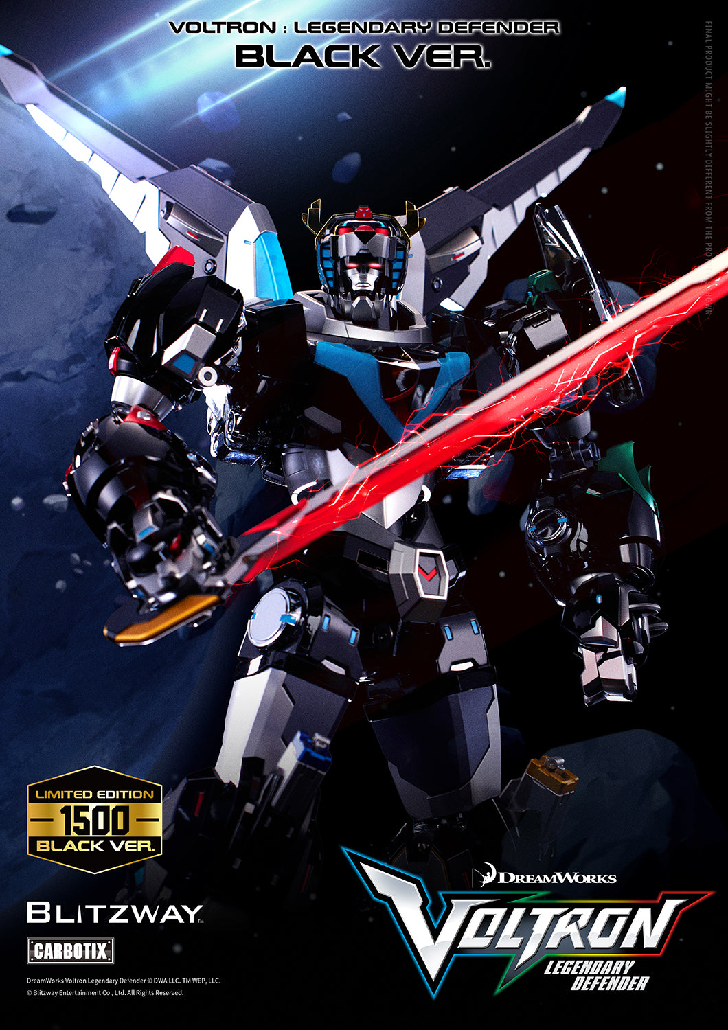 Voltron Legendary Defender Black Ver. - tampilan samping dengan efek cahaya LED