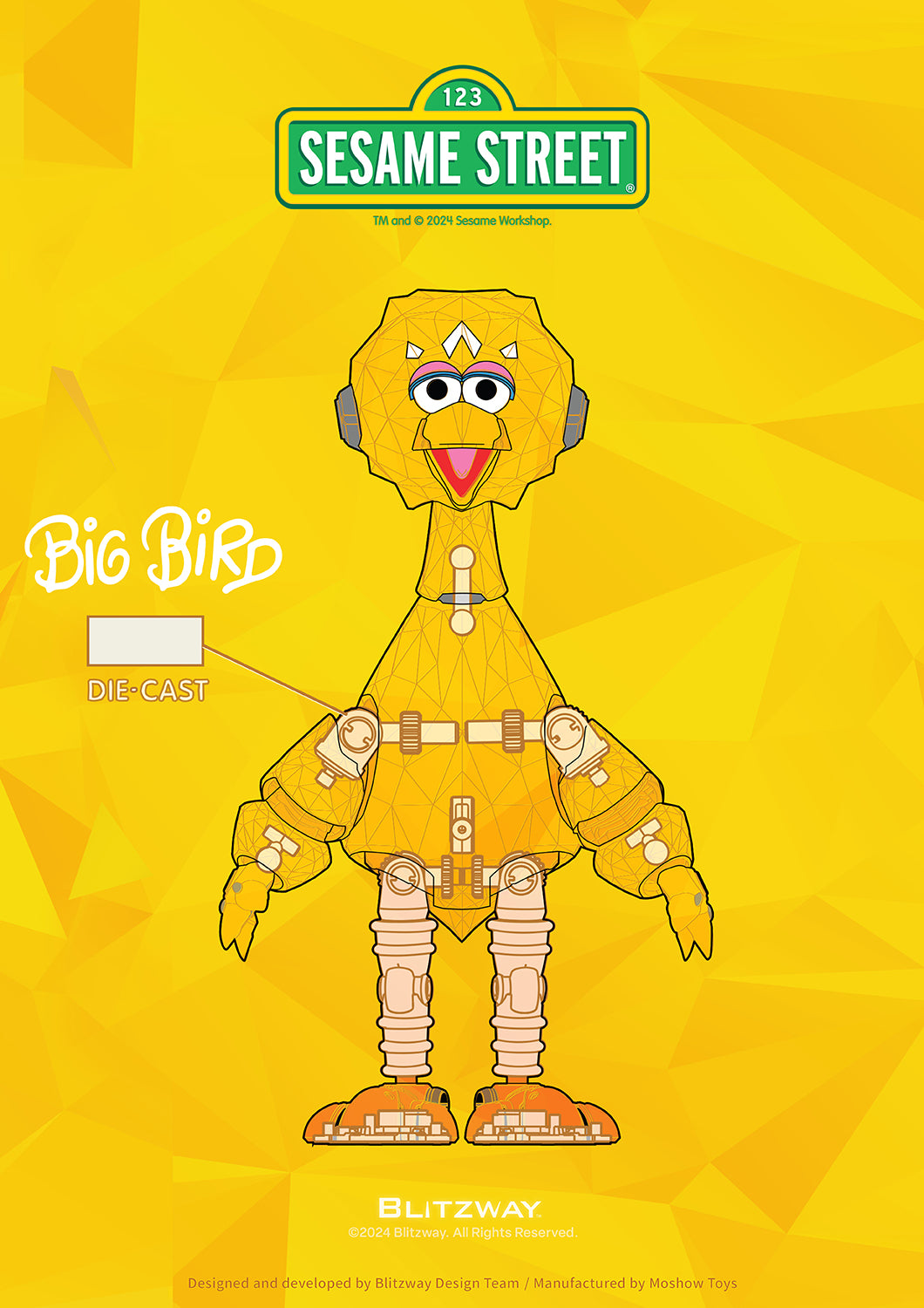Technical illustration of Blitzway Carbotix Big Bird figure from Sesame Street, showing internal die-cast metal components in the arms, torso, and legs.