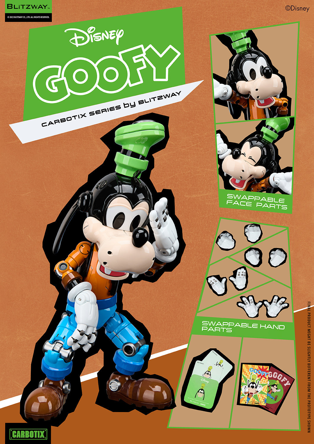 Blitzway Disney Goofy 1/6 scale die-cast action figure from Carbotix series with swappable face and hand parts, showcasing accessories and facial expressions