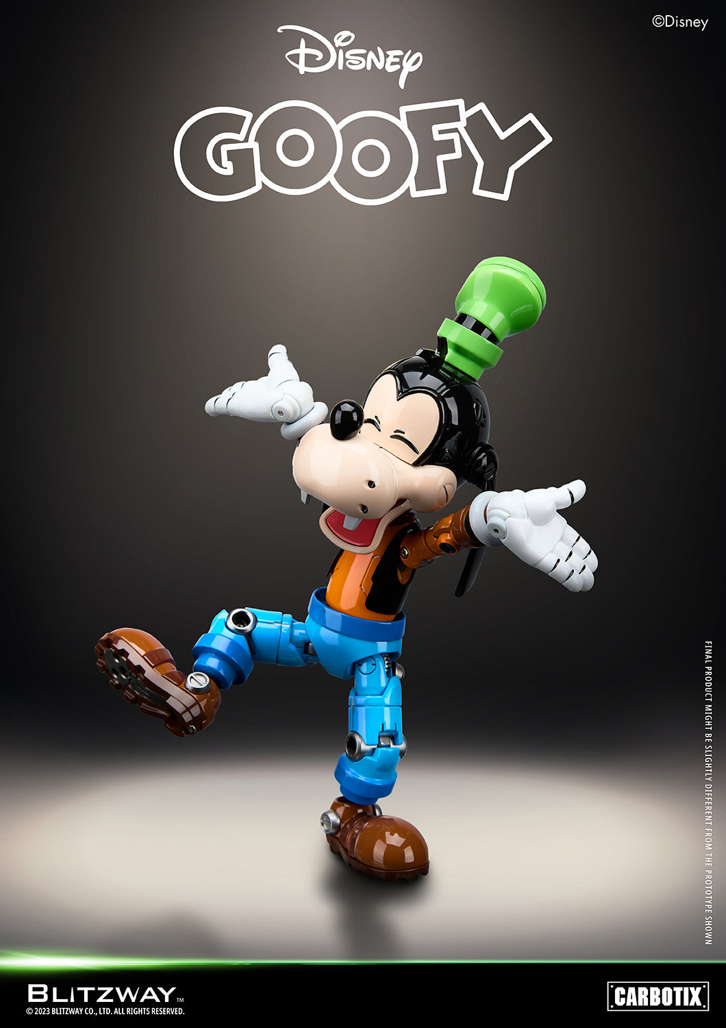 Blitzway Disney Goofy Carbotix die-cast figure in dynamic pose — highly detailed robotic design with articulated joints, vibrant colors, and Goofy’s signature playful expression