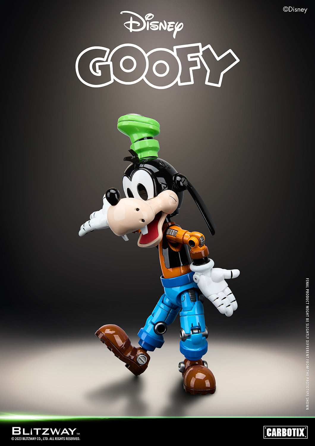 Goofy Carbotix die-cast action figure by Blitzway walking forward with a joyful expression and robotic design details
