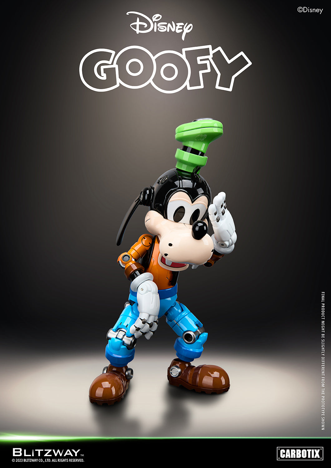 Blitzway Disney Carbotix Goofy 1/6 scale die-cast action figure in a shy peeking pose with hand raised to his face and playful expression
