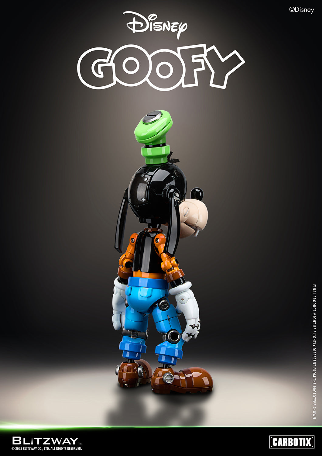 Rear left view of Blitzway Disney Carbotix Goofy 1/6 scale die-cast action figure featuring detailed mechanical design and signature green hat