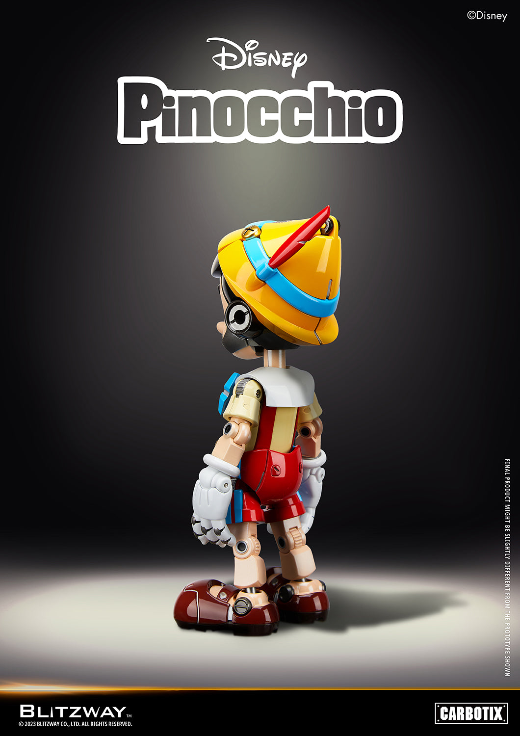 Rear three-quarter view of Blitzway Disney Pinocchio 1/6 scale Carbotix action figure showing detailed mechanical limbs and vibrant colors