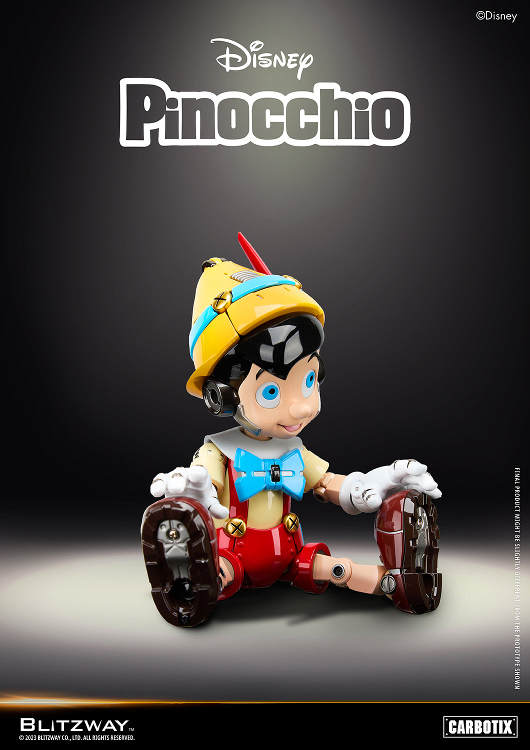 Blitzway Disney Pinocchio 1/6 scale action figure sitting with feet forward, showcasing die-cast mechanical soles and blue bow detail on chest