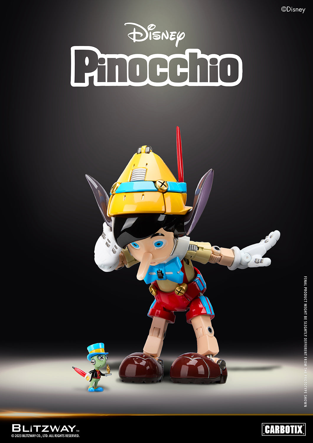 Blitzway Carbotix Disney Pinocchio 1/6 scale die-cast figure with donkey ears and long nose, looking down at Jiminy Cricket companion figure