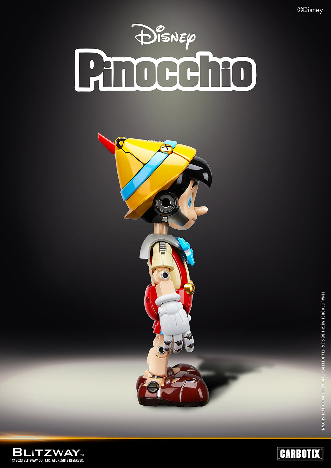 1/6 scale Disney Pinocchio action figure from Blitzway’s Carbotix series, showcasing a full left-side profile with robotic articulation details