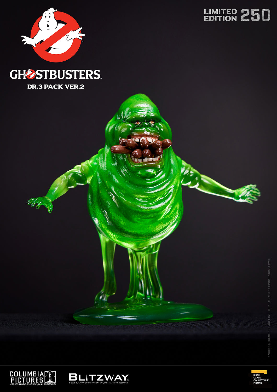 Blitzway Ghostbusters Dr.3 Pack Ver.2 1/6 scale action figure of Slimer holding a mouthful of hot dogs in translucent green body — limited edition 250