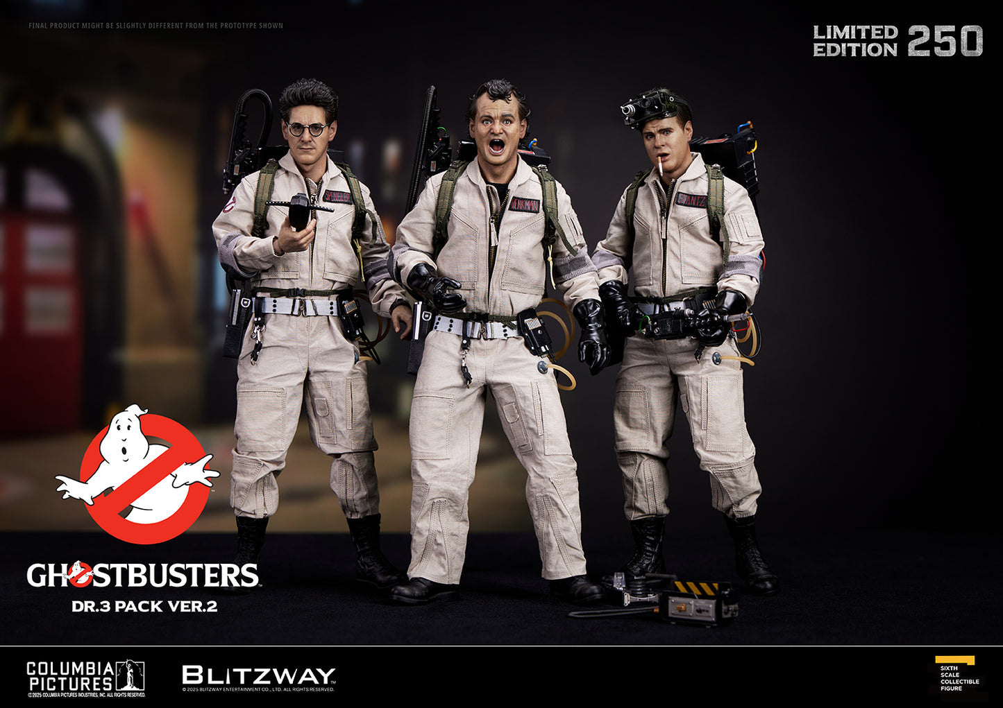 Blitzway Ghostbusters Dr.3 Pack Ver.2 1/6 scale action figures of Spengler, Venkman, and Stantz with proton packs and ghost trap accessory — limited edition of 250