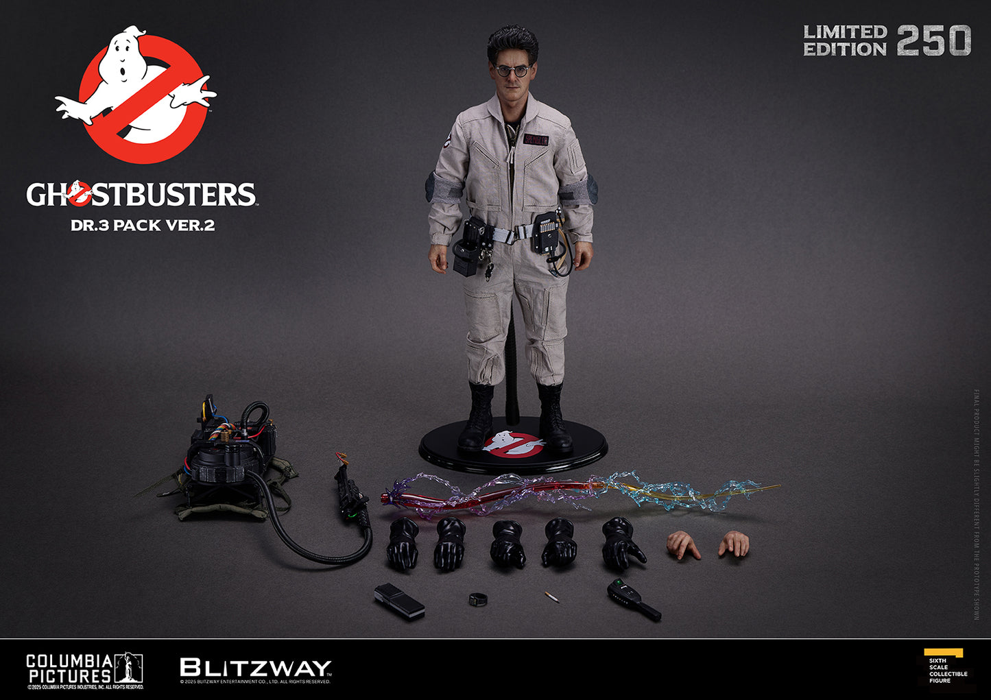 Ghostbusters Dr.3 Pack Ver.2 Egon Spengler 1/6 scale action figure by Blitzway — figure displayed with proton pack, neutrona wand, PKE meter, effect parts, and interchangeable hands, limited edition of 250