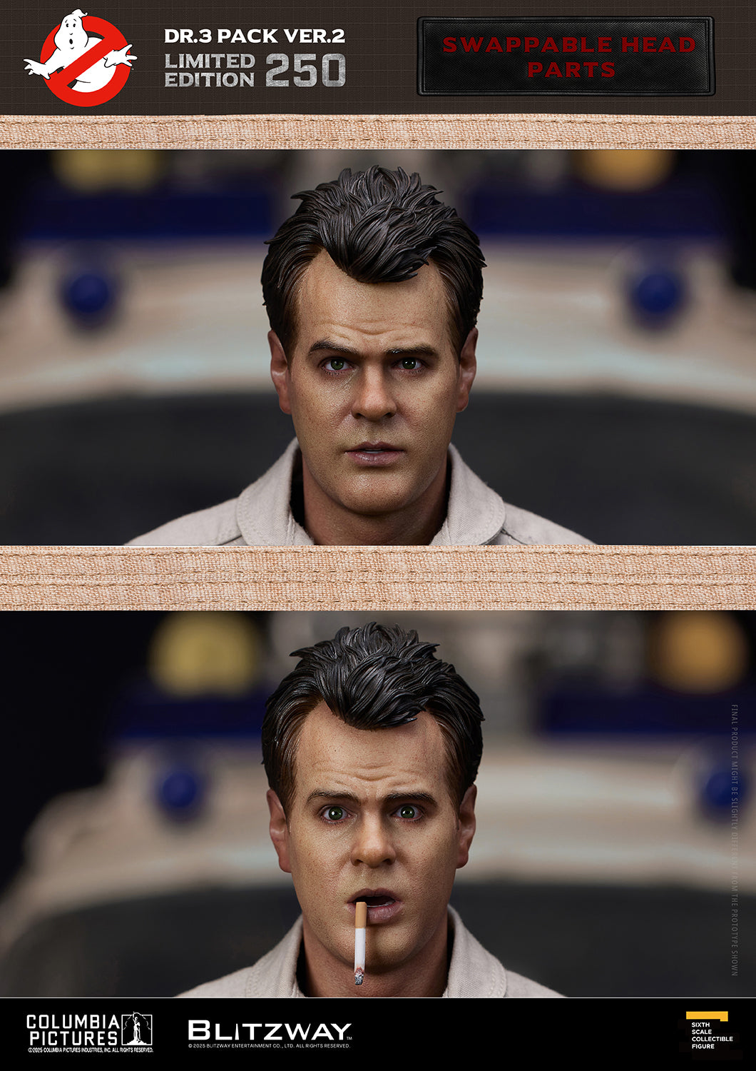 Ghostbusters Dr.3 Pack Ver.2 Raymond Stantz 1/6 scale action figure by Blitzway – close-up view of two swappable head sculpts, one with neutral expression and one with cigarette in mouth, limited edition of 250