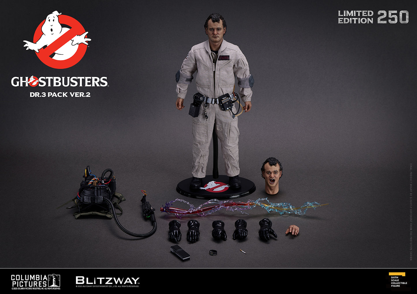 Ghostbusters Dr.3 Pack Ver.2 Peter Venkman 1/6 scale action figure by Blitzway — figure displayed with alternate head sculpt, proton pack, neutrona wand, effect parts, and interchangeable hands, limited edition of 250