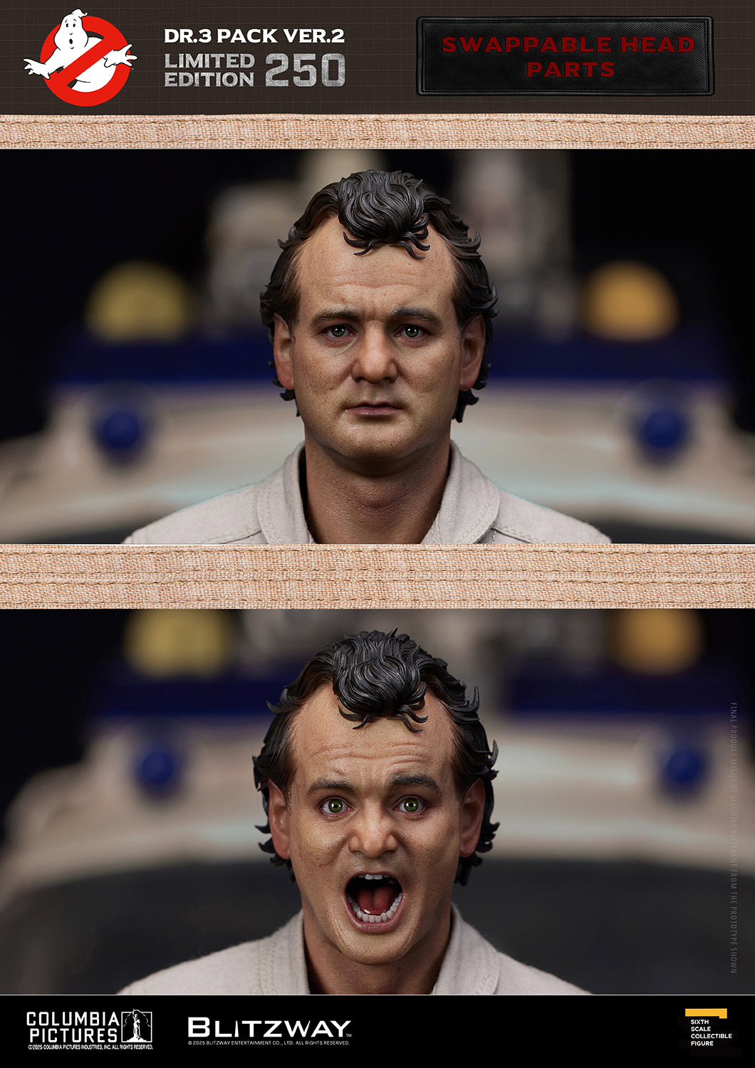 Ghostbusters Dr.3 Pack Ver.2 Peter Venkman 1/6 scale action figure by Blitzway – close-up view of two swappable head sculpts, one neutral and one shouting expression, limited edition of 250