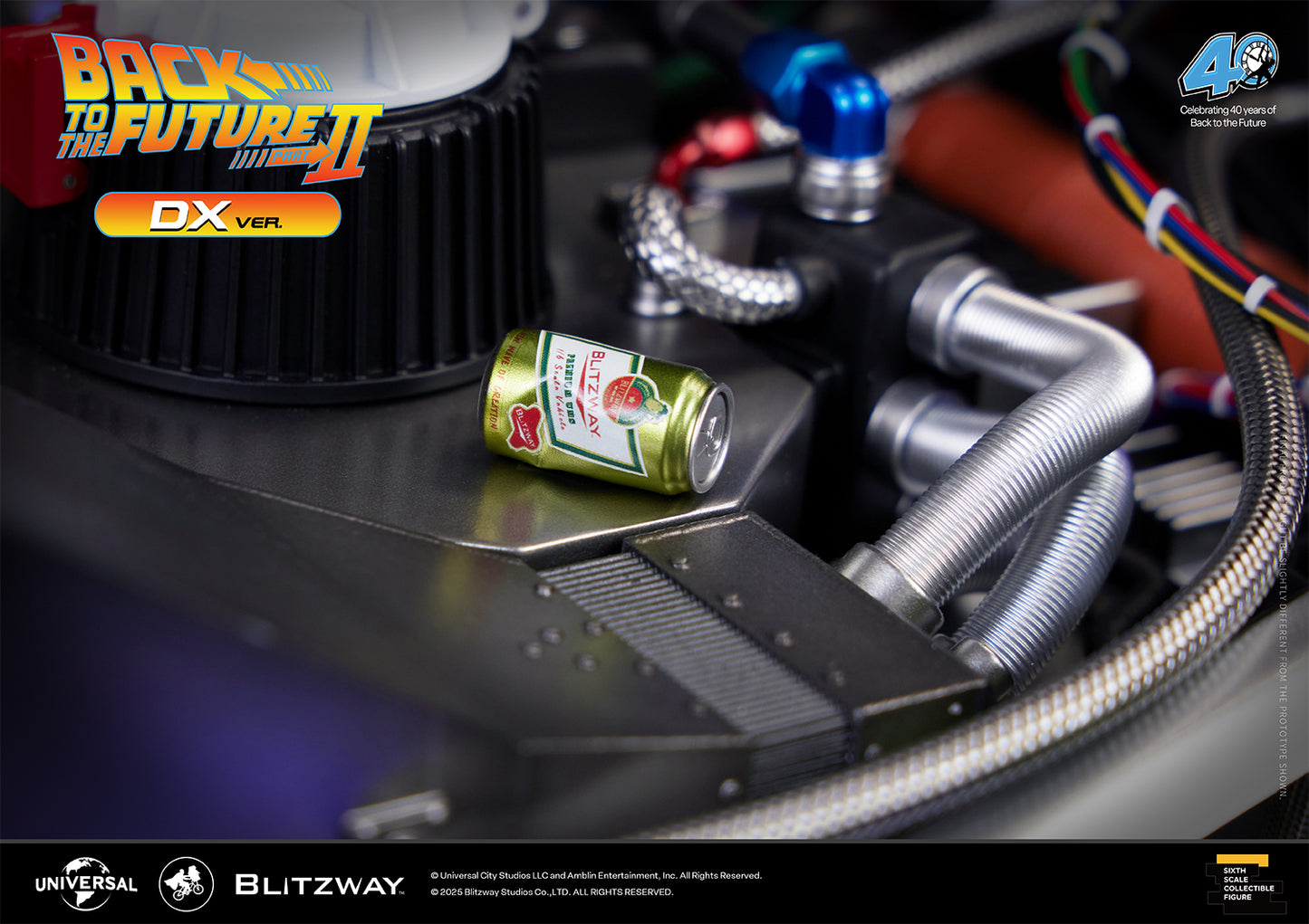 Close-up of the Blitzway Back to the Future Part II DX Version beer can accessory placed on the engine detail of the Time Machine.