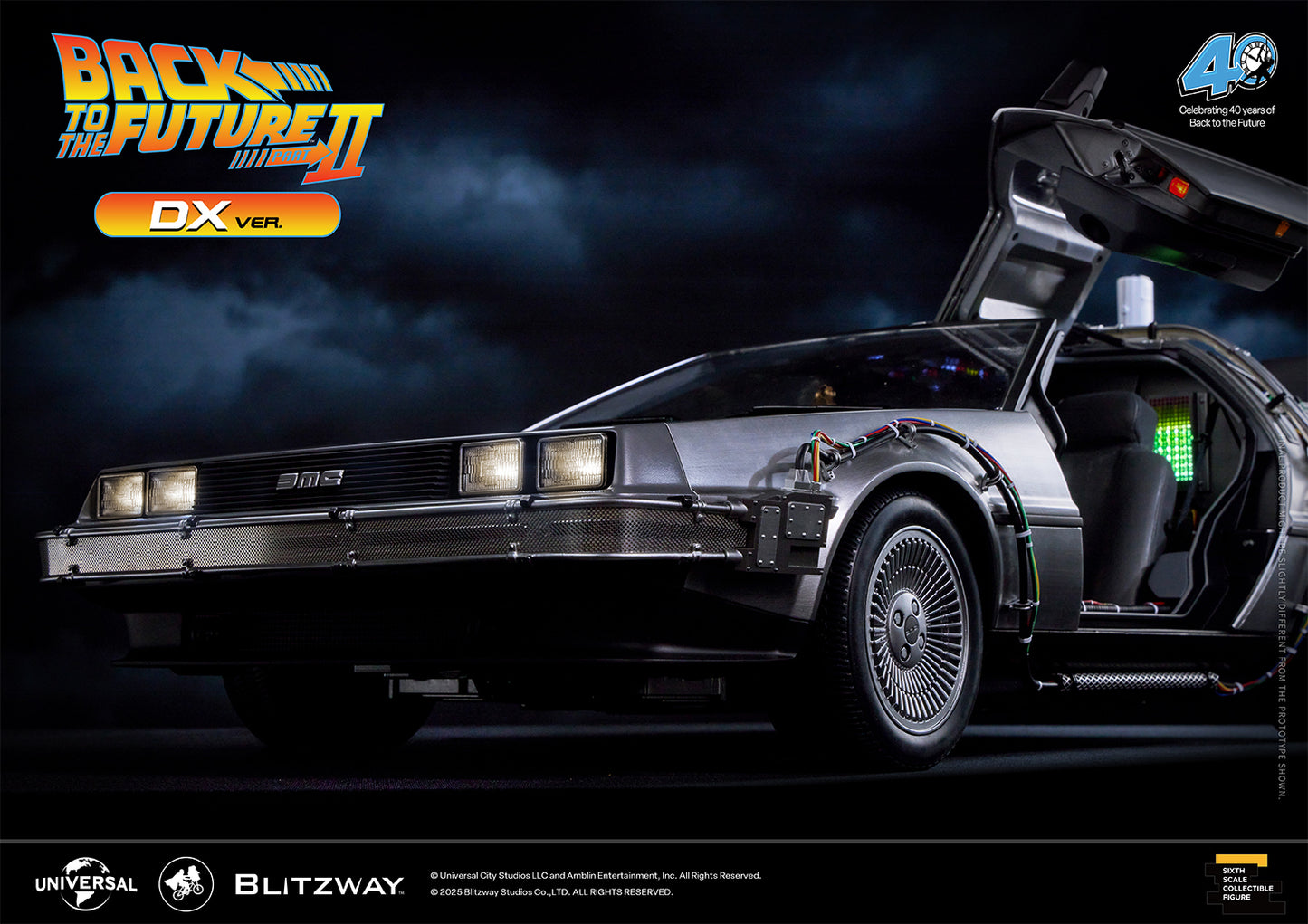 Front low-angle shot of the Back to the Future II Time Machine DX Version featuring the iconic DeLorean grille, illuminated headlights, open gullwing door, and glowing interior with real leather seats and control panels.