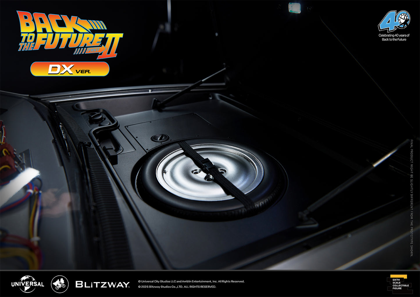 Front trunk of the Back to the Future Part II DeLorean DX Version, featuring a detailed spare tire sculpt with realistic weathering and secure strap detail.