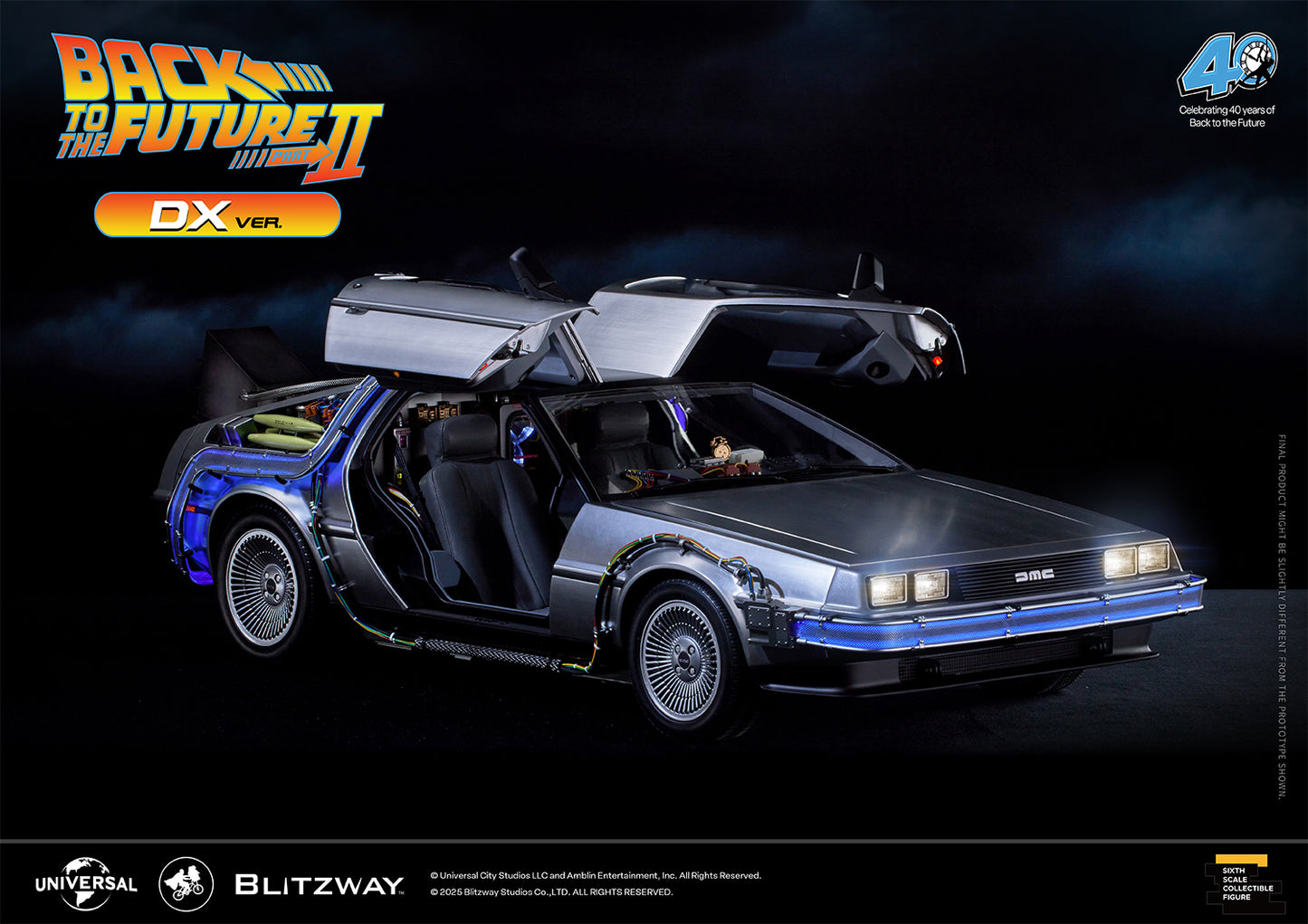 Front angled view of the Back to the Future II Time Machine DX Version with both gullwing doors open, revealing the intricately detailed real leather seats and interior.