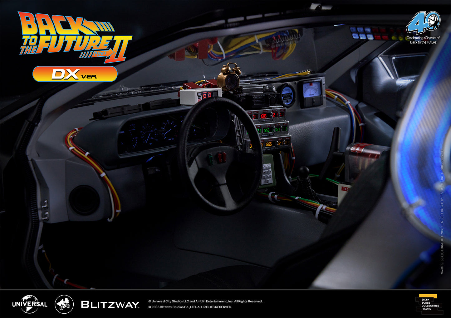 Detailed interior view of the Back to the Future Part II DeLorean DX Version, showcasing the iconic time circuit panel, flux capacitor readouts, and dashboard wiring.