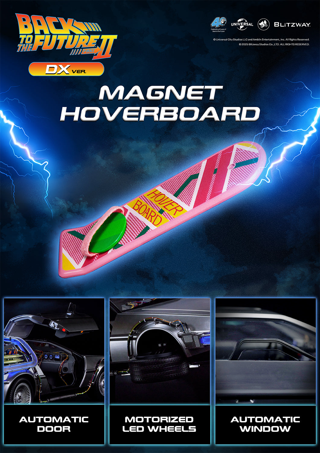 Back to the Future II Time Machine DX Version magnet hoverboard accessory, showcasing interactive features such as automatic doors, motorized LED wheels, and automatic windows.