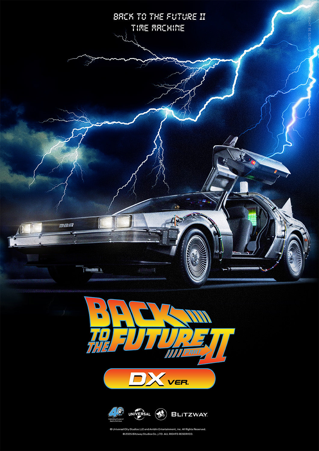Main visual of the Back to the Future II Time Machine DX Version collectible featuring the iconic gullwing doors, LED detailing, and lightning-charged sci-fi backdrop.
