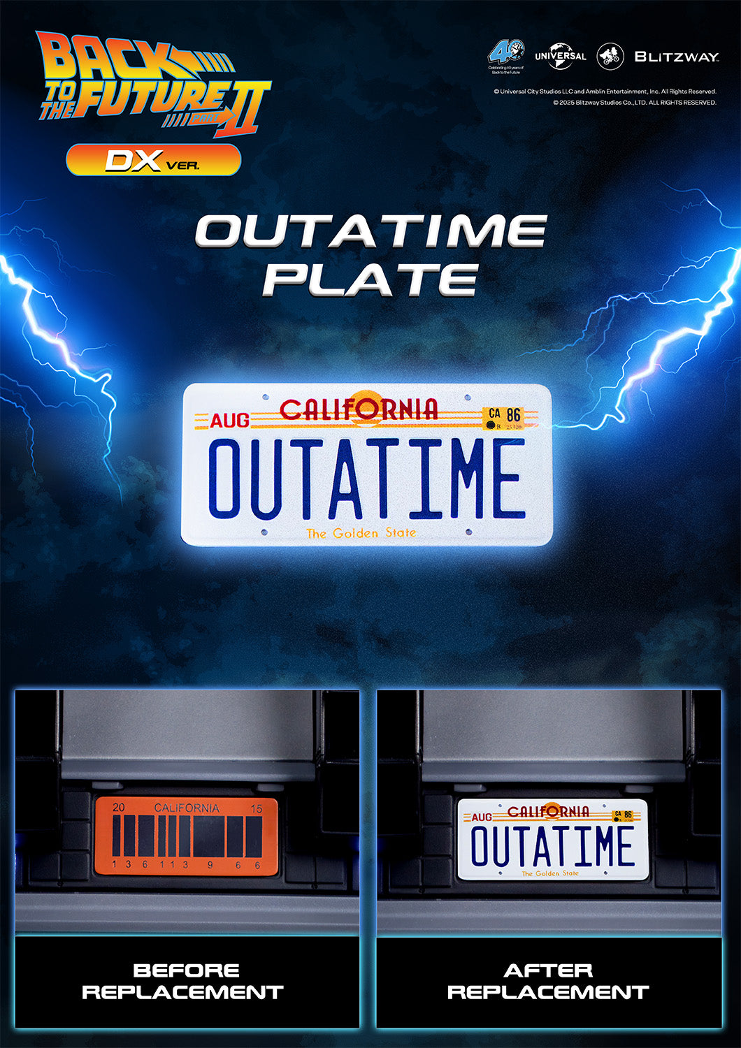 Comparison of the Back to the Future II Time Machine DX Version license plate before and after replacement, featuring the iconic OUTATIME plate from the film.