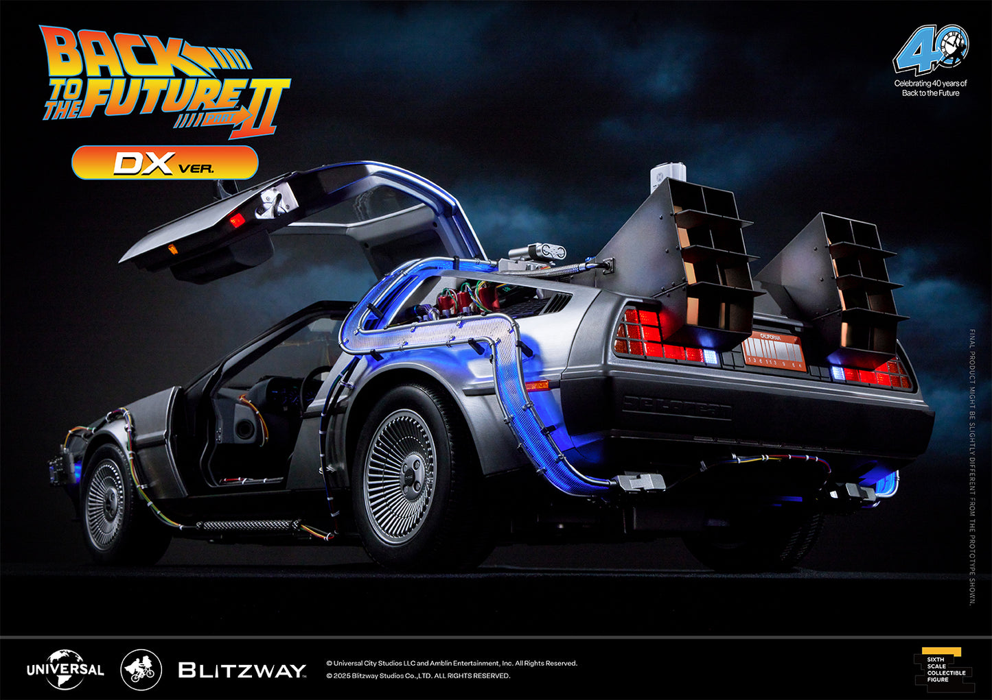Rear quarter view of the Back to the Future II Time Machine DX Version showcasing the iconic flux exhausts, open gullwing door, illuminated wiring, and highly detailed leather interior.