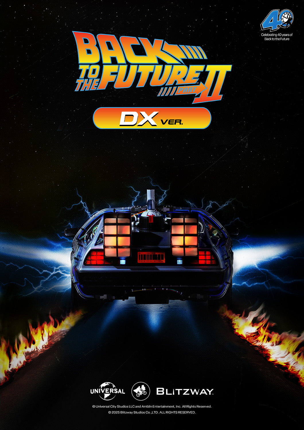 Cinematic rear view of the Back to the Future II Time Machine DX Version blasting through time with flaming tire trails, glowing rear vents, and electric sparks under a starry sky.