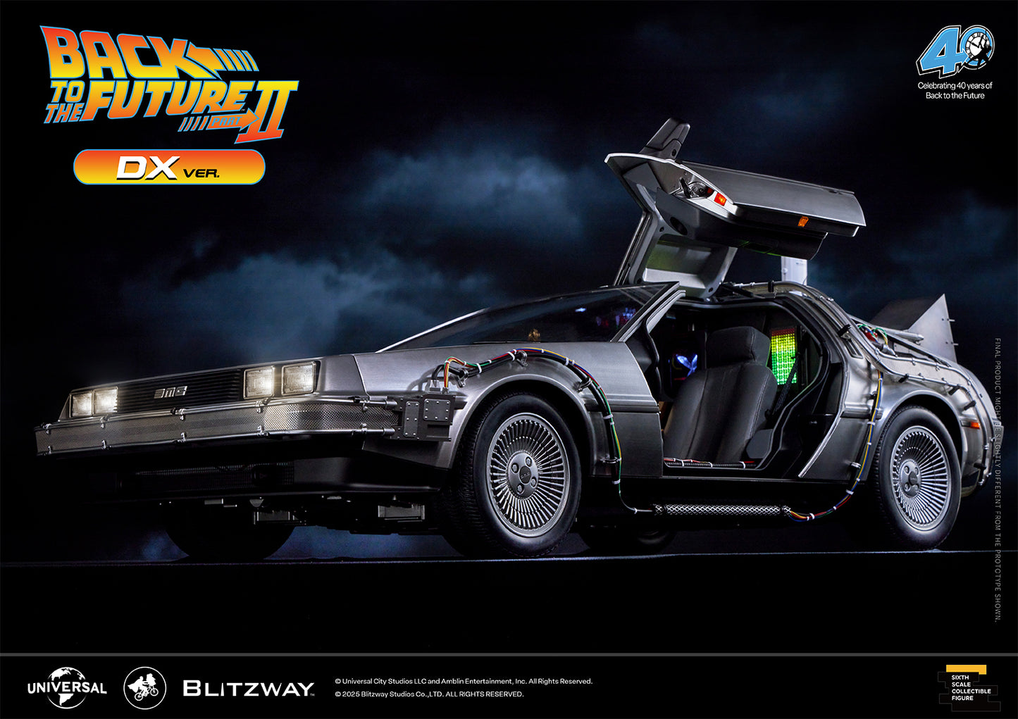 Side low-angle view of the Back to the Future II Time Machine DX Version with one gullwing door open, showcasing real leather seats, illuminated interior wiring, and highly detailed exterior components.