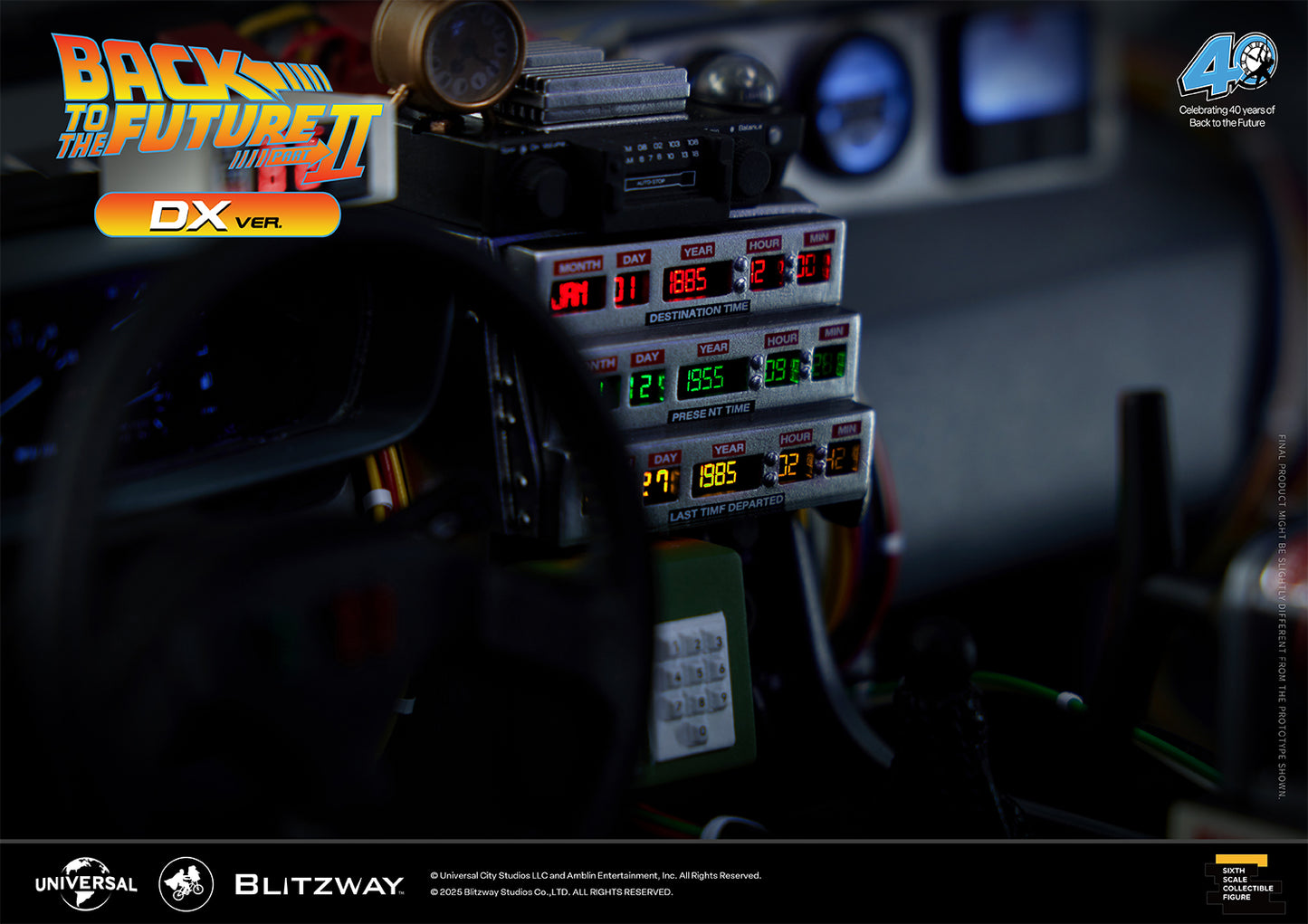 Close-up view of the DeLorean DX Version time display module from Back to the Future Part II, showing the destination, present, and last departed time LEDs in vivid detail.