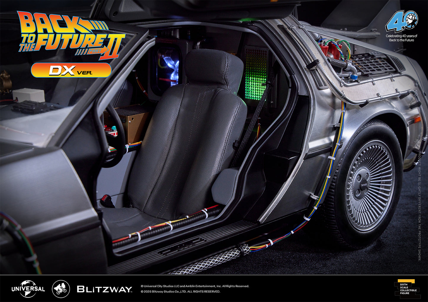Interior view of the Time Machine DX Version from Back to the Future Part II, highlighting the detailed driver’s seat, wiring, and rear flux capacitor module with movie-accurate lighting effects.