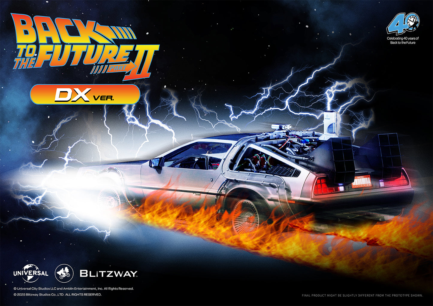 Back to the Future II Time Machine DX Version racing through time with fiery tire trails, glowing lightning effects, and detailed rear engine features.