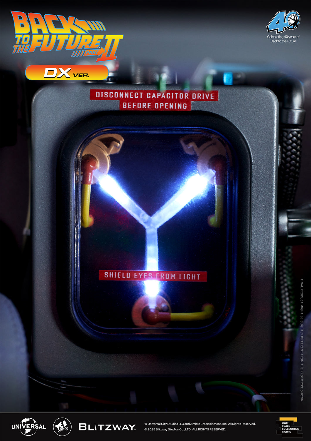 Close-up of the Flux Capacitor inside the Time Machine DX Version from Back to the Future Part II, featuring illuminated Y-shaped tubes with warning labels: “DISCONNECT CAPACITOR DRIVE BEFORE OPENING” and “SHIELD EYES FROM LIGHT.”
