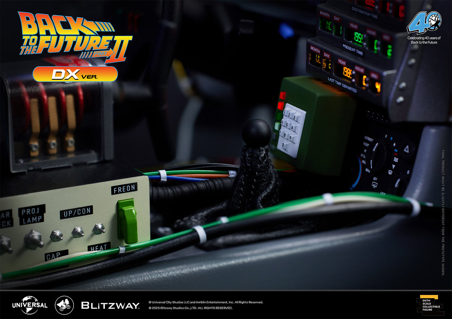 Detailed close-up of the Time Machine DX Version interior from Back to the Future Part II, featuring the gear selector, keypad, and Freon switch with movie-accurate wiring and controls.