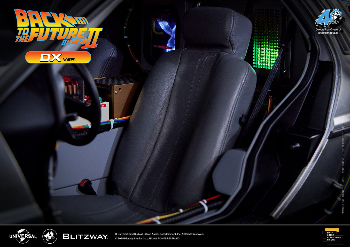 Close-up of the passenger seat inside the Time Machine DX Version from Back to the Future Part II, featuring realistic seat texture, wiring details, and the iconic flux capacitor glowing in the background.