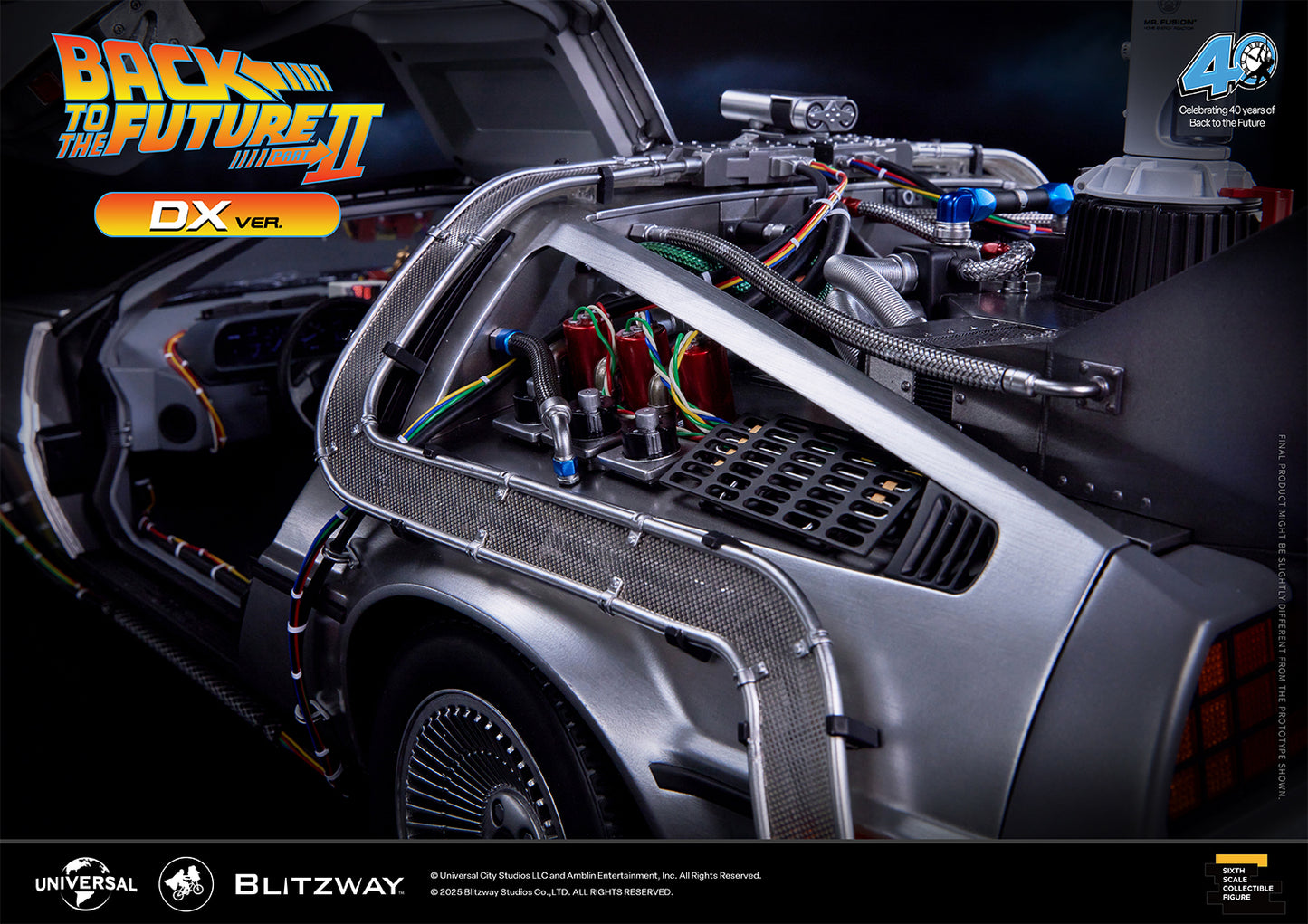 Detailed view of the Time Machine DX Version's rear reactor compartment from Back to the Future Part II, showcasing intricate wiring, piping, and the Mr. Fusion device with open gull-wing doors revealing the dashboard interior.