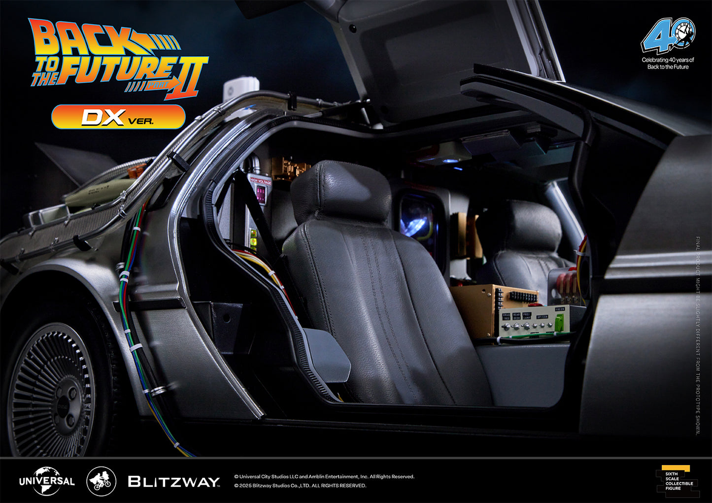 Authentically recreated interior of the Time Machine DX Version from Back to the Future Part II, featuring premium real leather seats, illuminated flux capacitor, and intricate movie-accurate control modules.