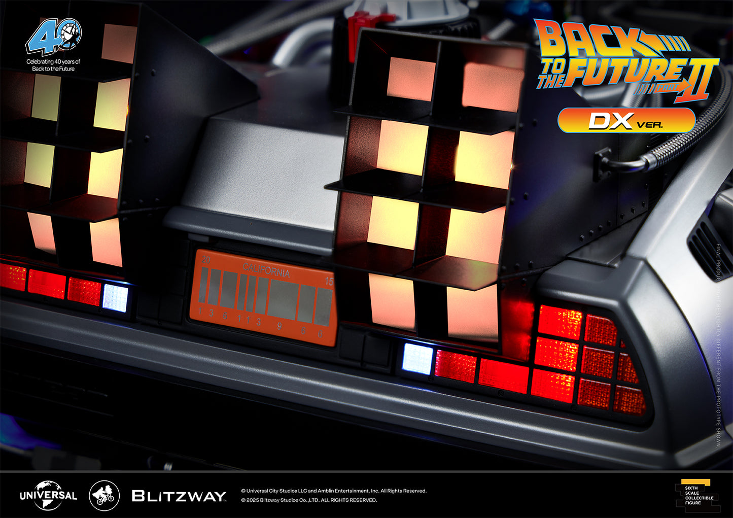 Close-up view of the Time Machine DX Version’s rear exhaust vents and illuminated tail lights, showcasing the iconic California barcode license plate from Back to the Future Part II.