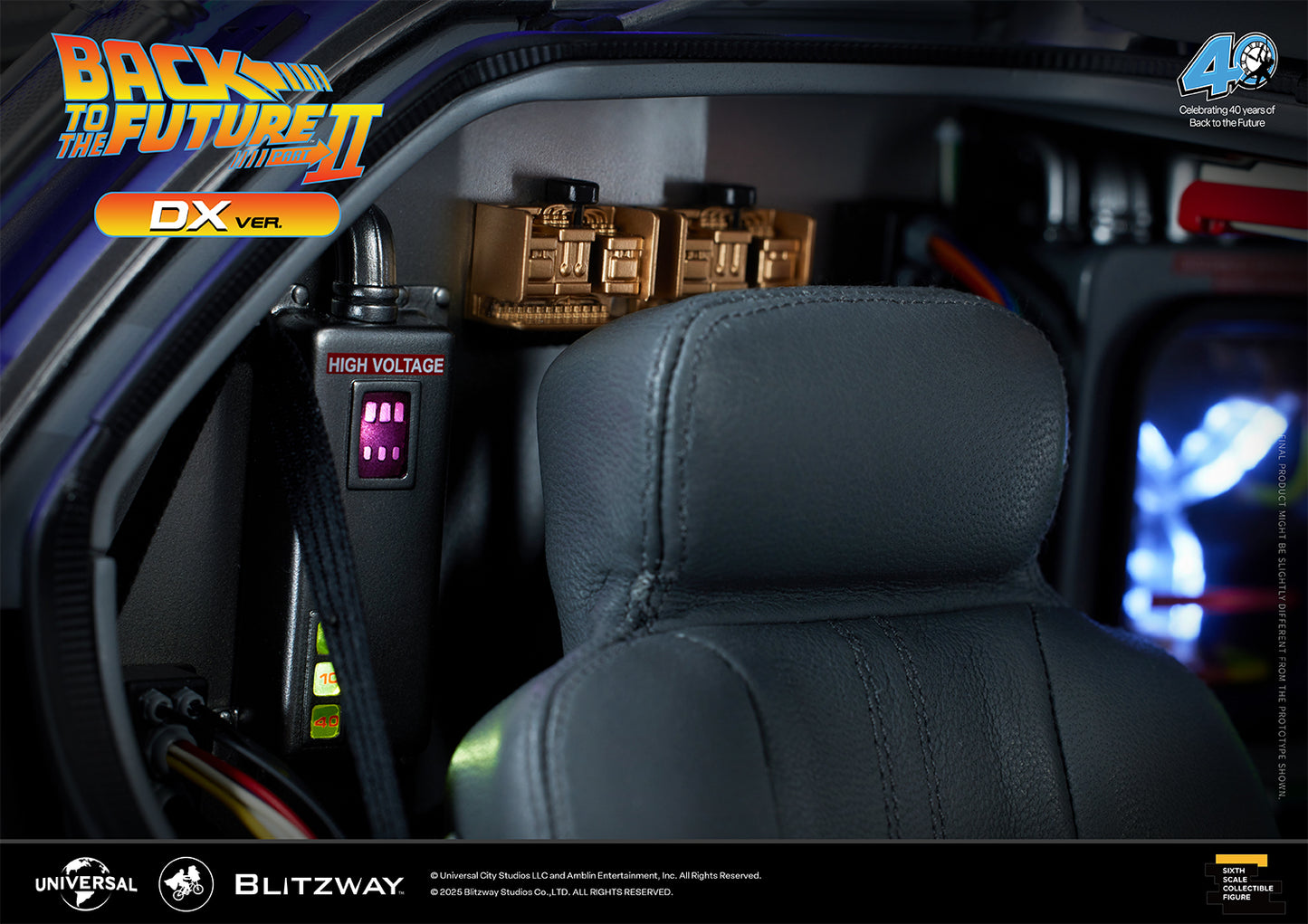 Close-up of the Time Machine DX Version from Back to the Future Part II, showcasing the finely textured real leather seat and detailed high-voltage module behind the driver's headrest.