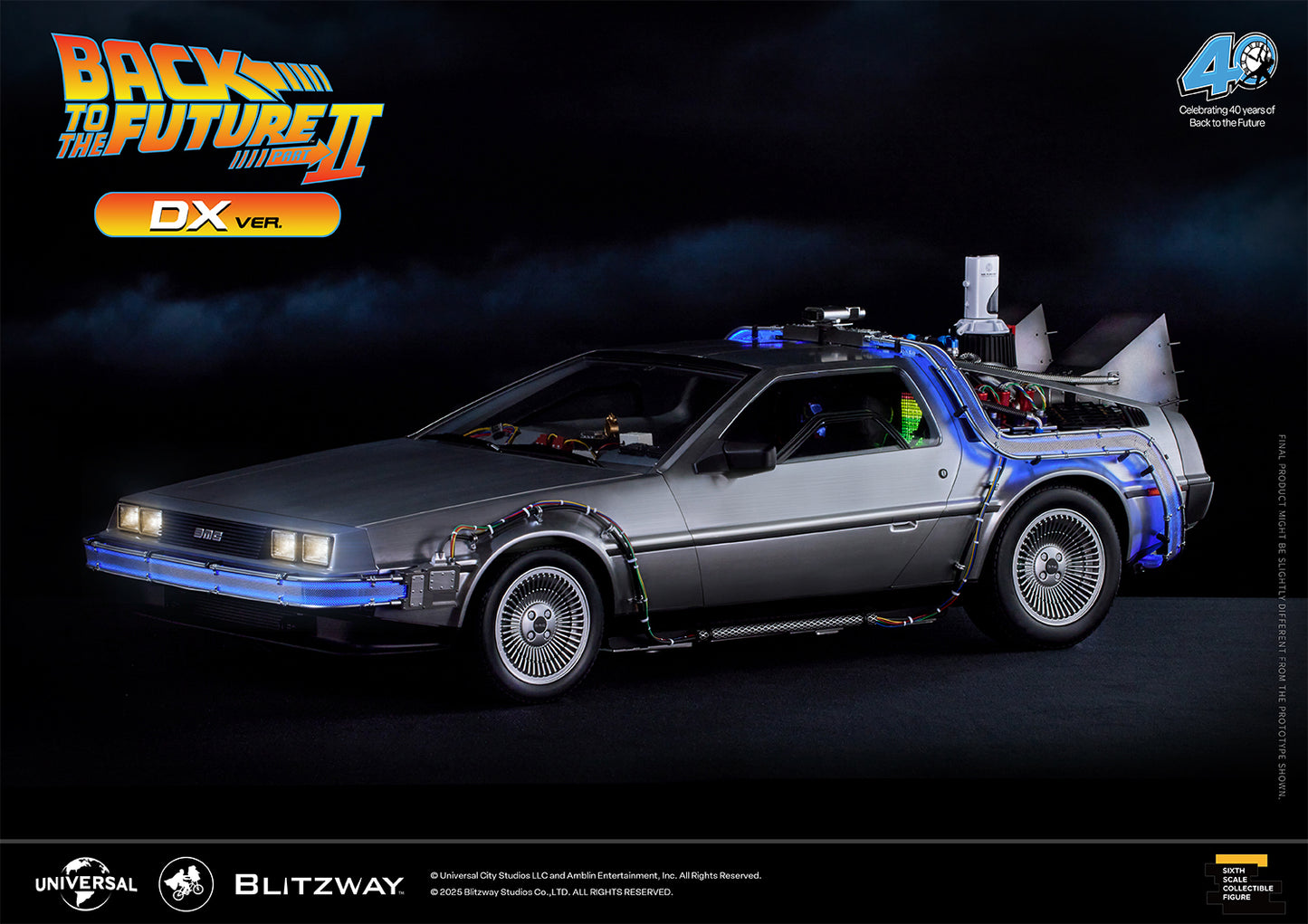 Side view of the Back to the Future II Time Machine DX Version, featuring iconic details such as gullwing doors, intricate wiring, and rear-mounted components under dramatic lighting.