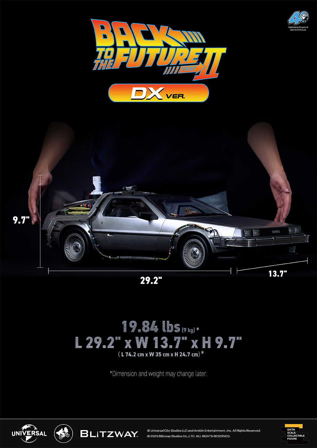 Back to the Future II Time Machine DX Version collectible size reference image, featuring a person for scale alongside labeled dimensions: 29.2 inches in length, 13.7 inches in width, and 9.7 inches in height; total weight 19.84 lbs (9 kg).