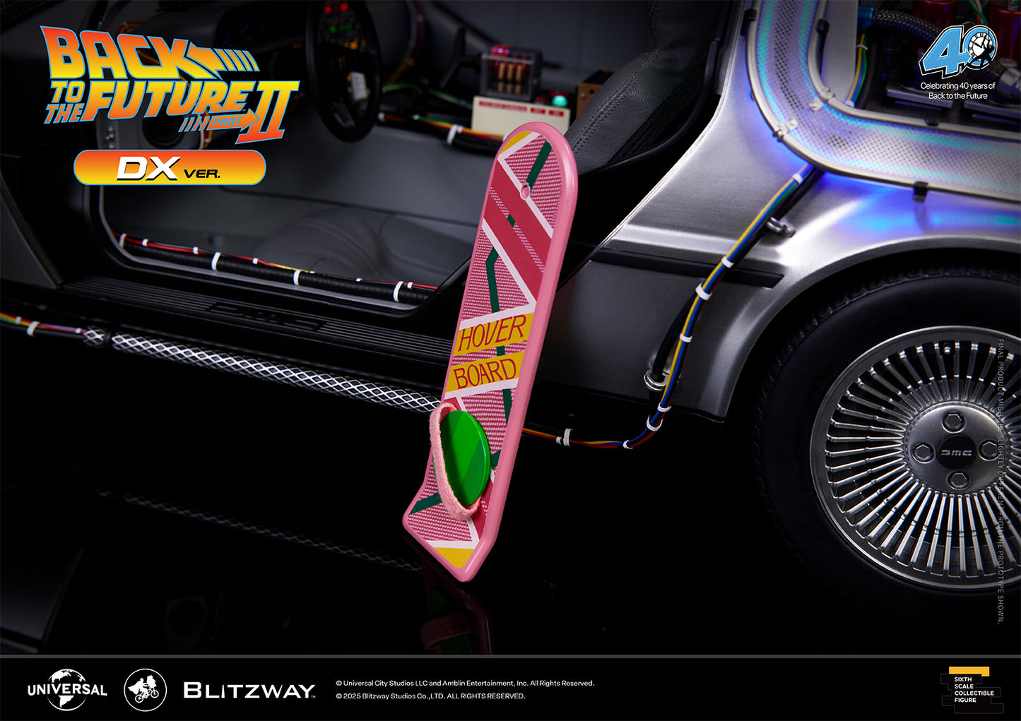 Close-up view of the iconic pink hoverboard accessory included in Blitzway's Back to the Future Part II Time Machine DX Version, shown next to the open car door.
