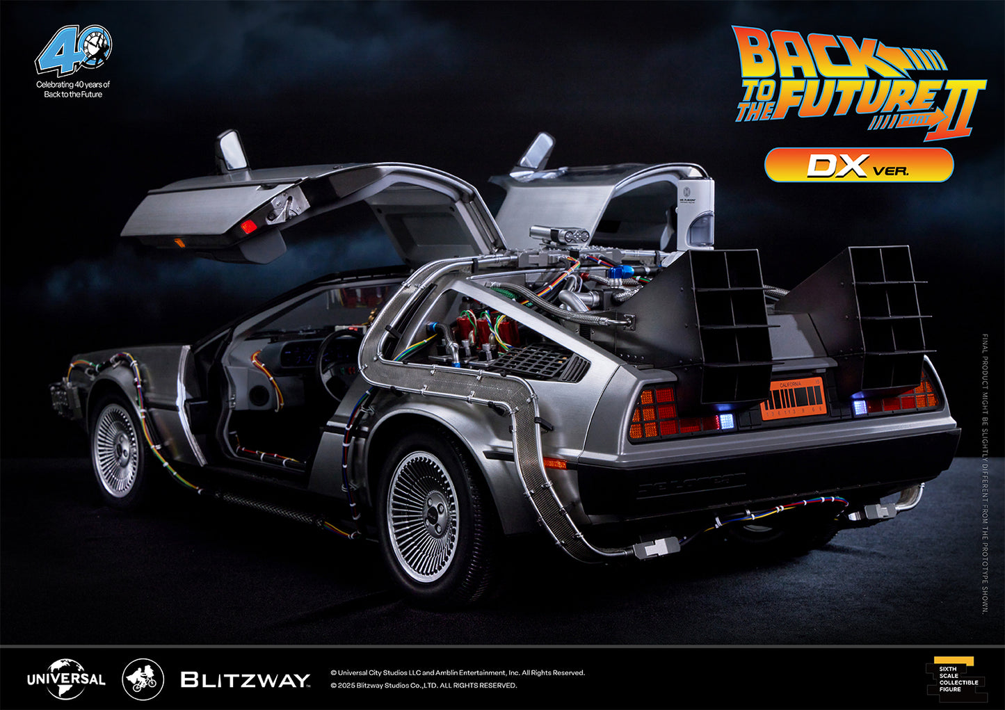Rear left view of Blitzway Back to the Future Part II Time Machine DX Version with both gull-wing doors open, revealing interior and detailed engine components.