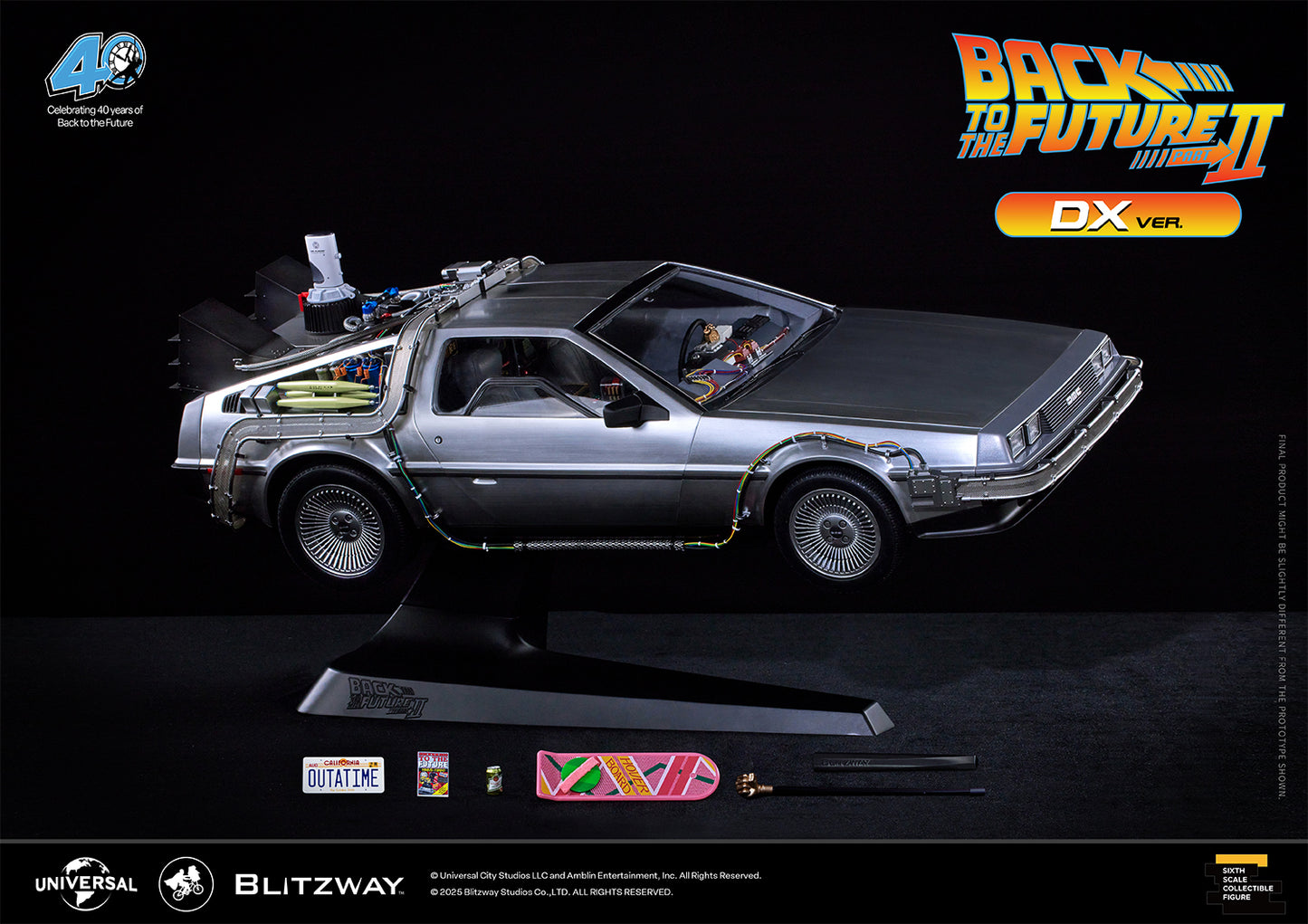 ull display of Blitzway Back to the Future Part II Time Machine DX Version with hover base and all included accessories: OUTATIME license plate, hoverboard, Biff’s cane, magnet stick, beer can, and magazine.