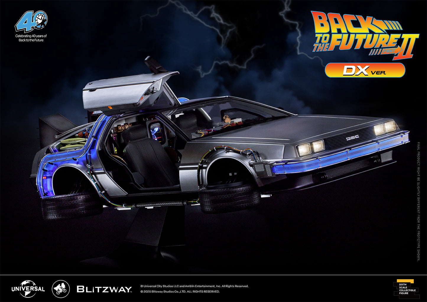 Front view of Blitzway Back to the Future Part II Time Machine DX Version in hover mode with open doors and detailed cockpit interior.
