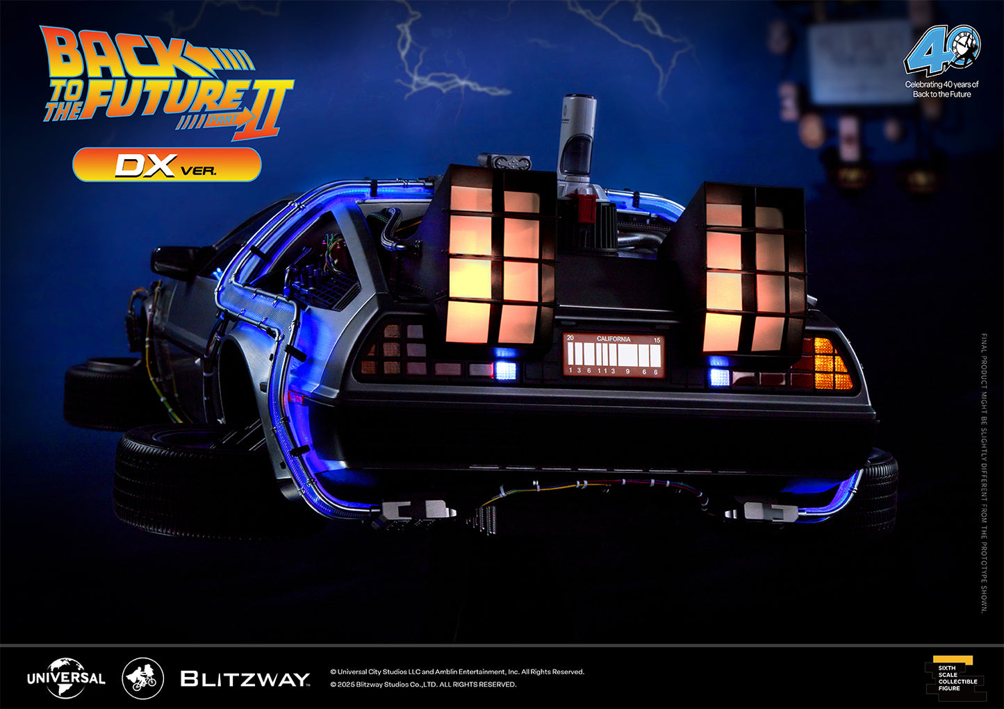 Rear view of Blitzway Back to the Future Part II Time Machine DX Version in hover mode with glowing vents and illuminated underside.