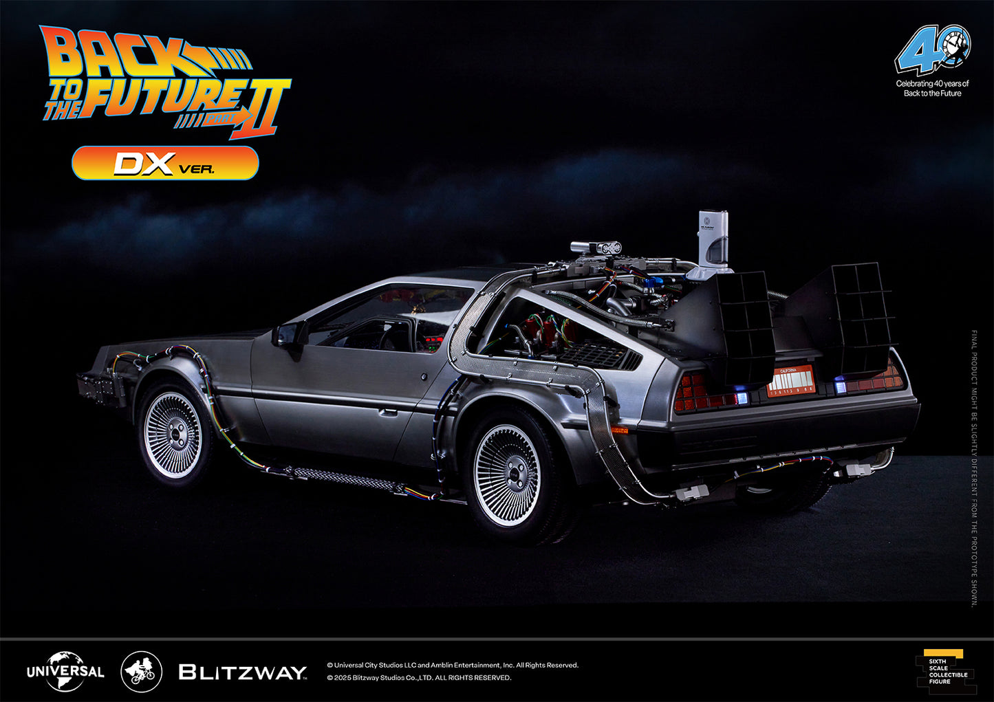 Left angle full-body view of Blitzway Back to the Future Part II Time Machine DX Version with detailed wiring and rear vents.