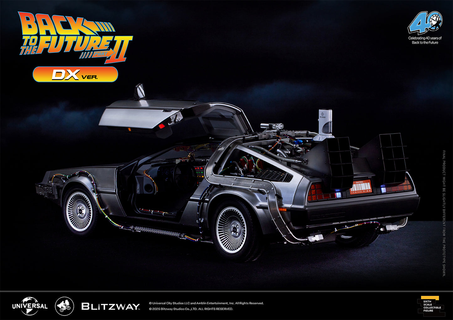 Left angle view of Blitzway Back to the Future Part II Time Machine DX Version with open gull-wing doors revealing interior cockpit and wiring.